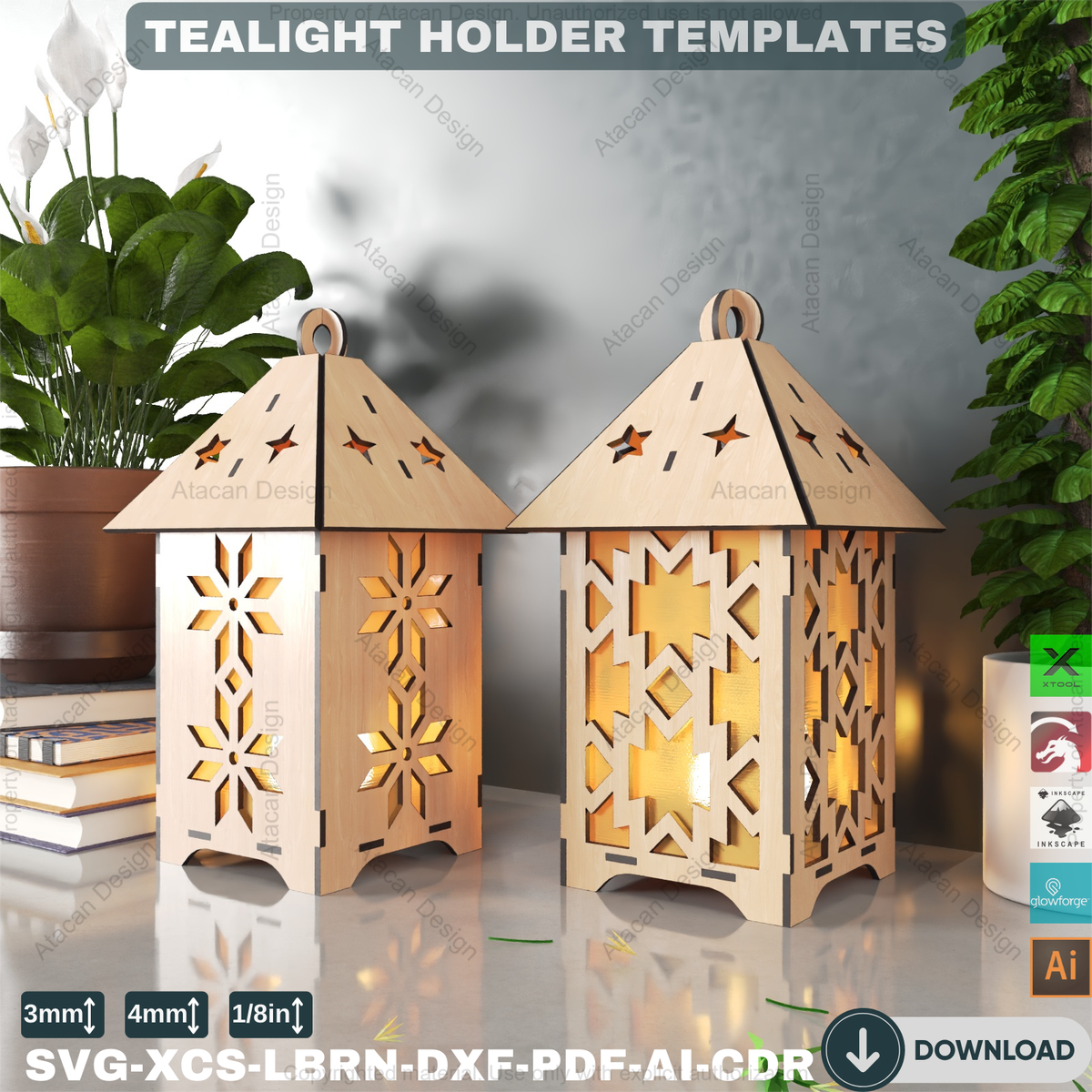 T Shape Lantern Pattern DIY Festive Tealight Lantern Templates: 7 Unique Laser Cut Files for T ...