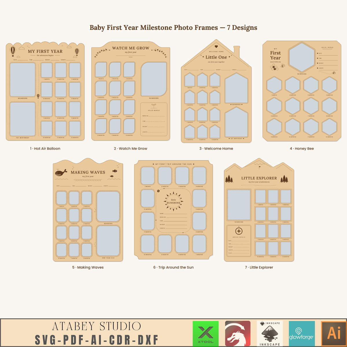 First Year Milestone Photo Board Collection – 7 Themed Laser Cut Templates