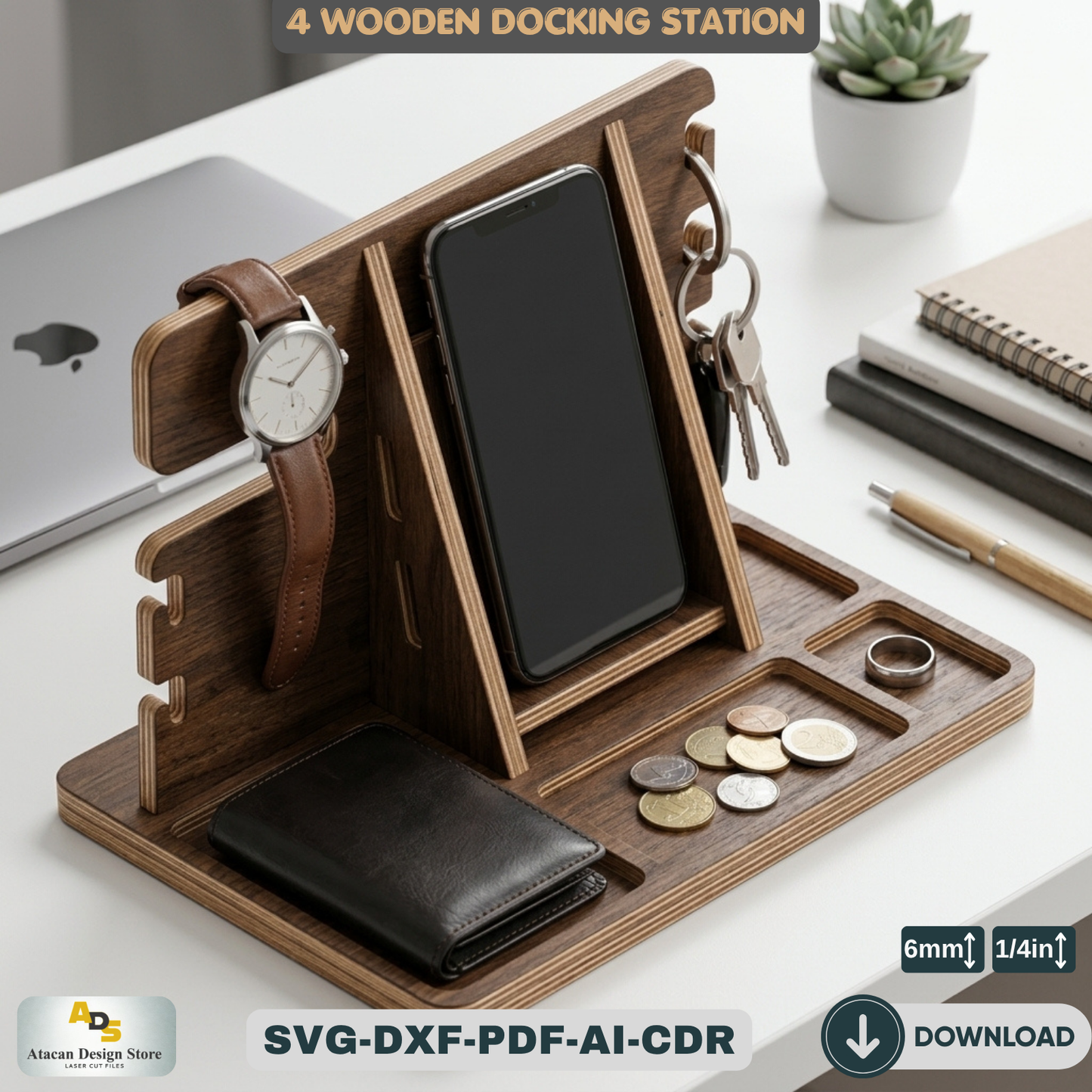 Wood Docking Station / Desk Organizer Phone Stand / Watch Holder / Father's Day Gift 947
