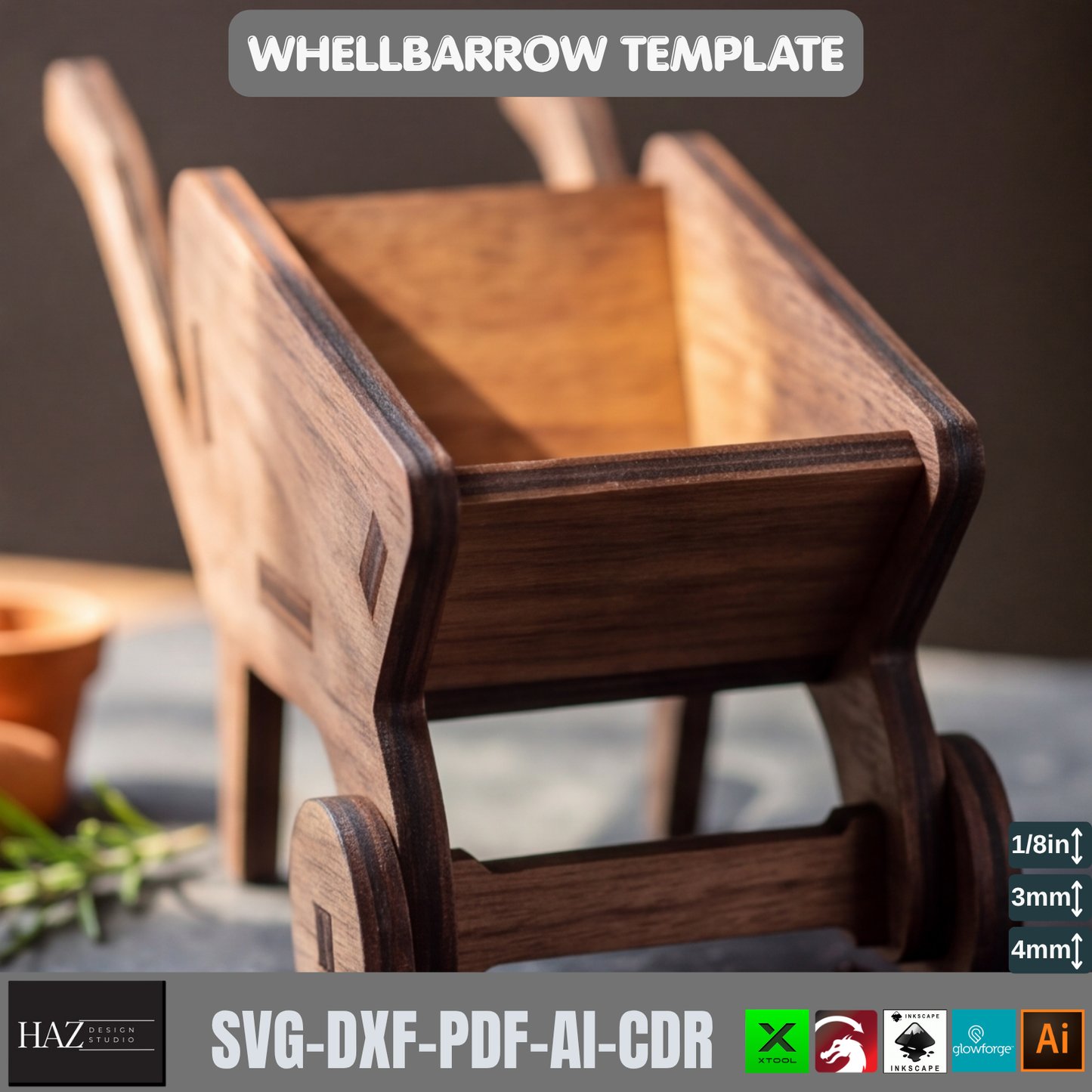 Wheelbarrow Planter Laser Cut File SVG DXF Garden Cart Miniature Wood Decor