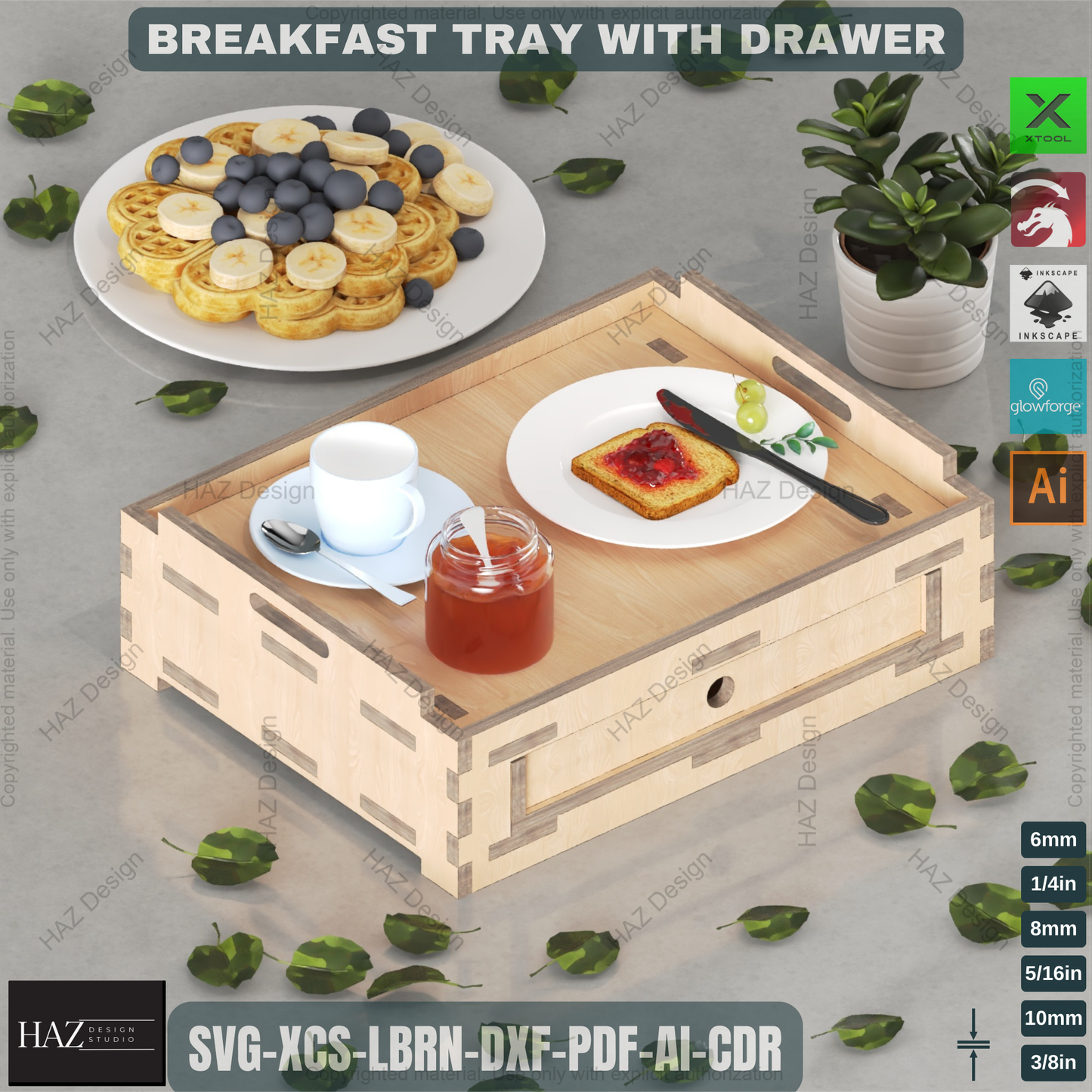 Wooden Breakfast Tray with Drawer - Laser Cut Digital Design Plan 453