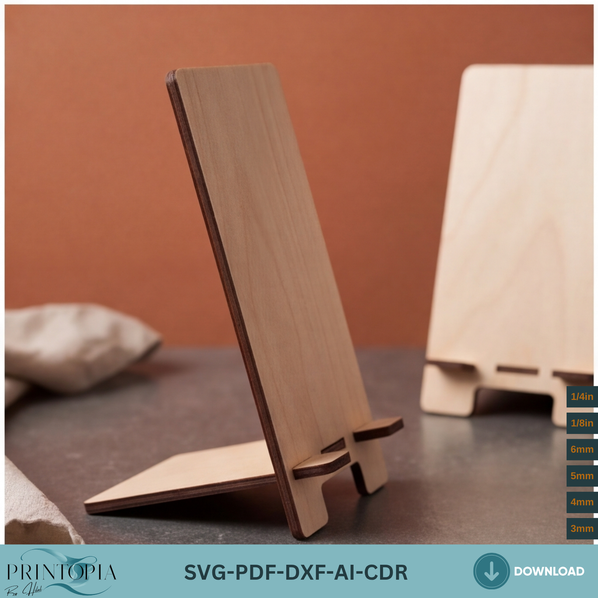 Laser Cut Phone Holder Template, Plywood Smartphone Display Stand, Wood Cell Phone Dock Gift Idea