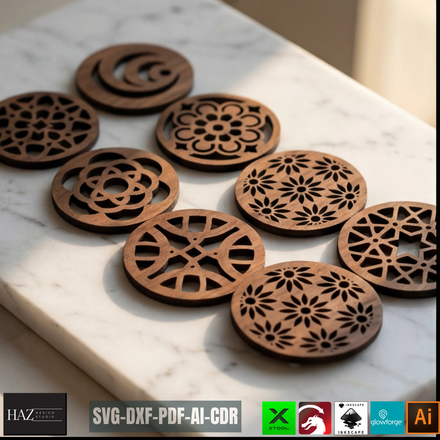 Round Coasters Laser Cut Template, Floral Wooden Drink Mat Pattern, Coaster Set Design