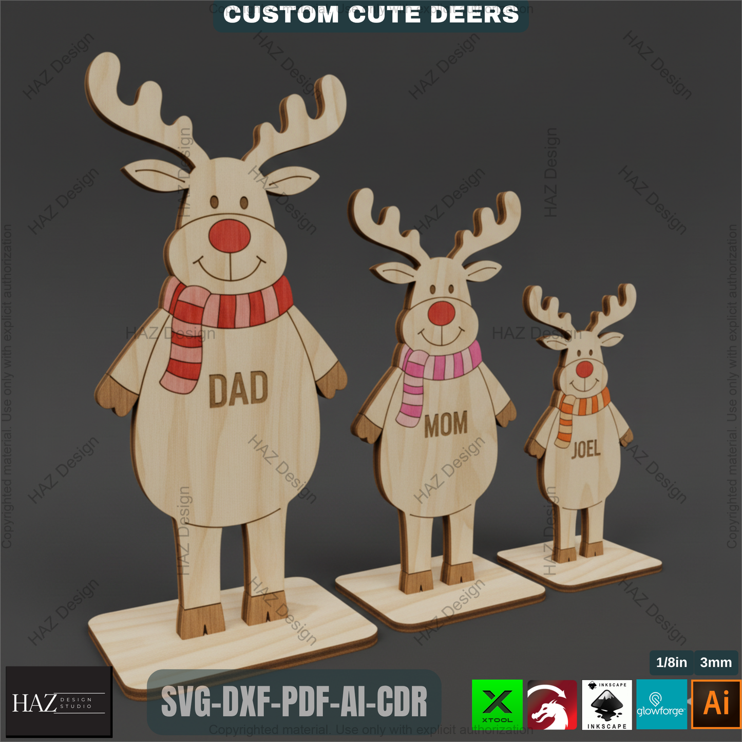 Freestanding Reindeers, DEER Family Names Laser Engraved, Wooden Standing Deers Cutting Templates 499
