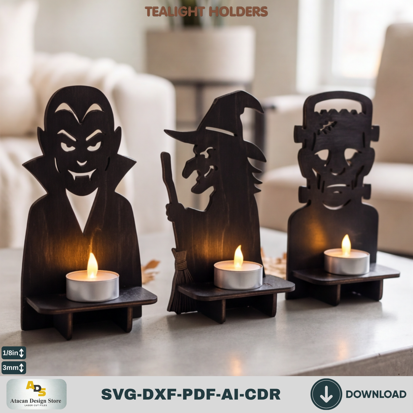 Halloween Monster Tealight Holder Laser Cut SVG Dracula Witch Frankenstein