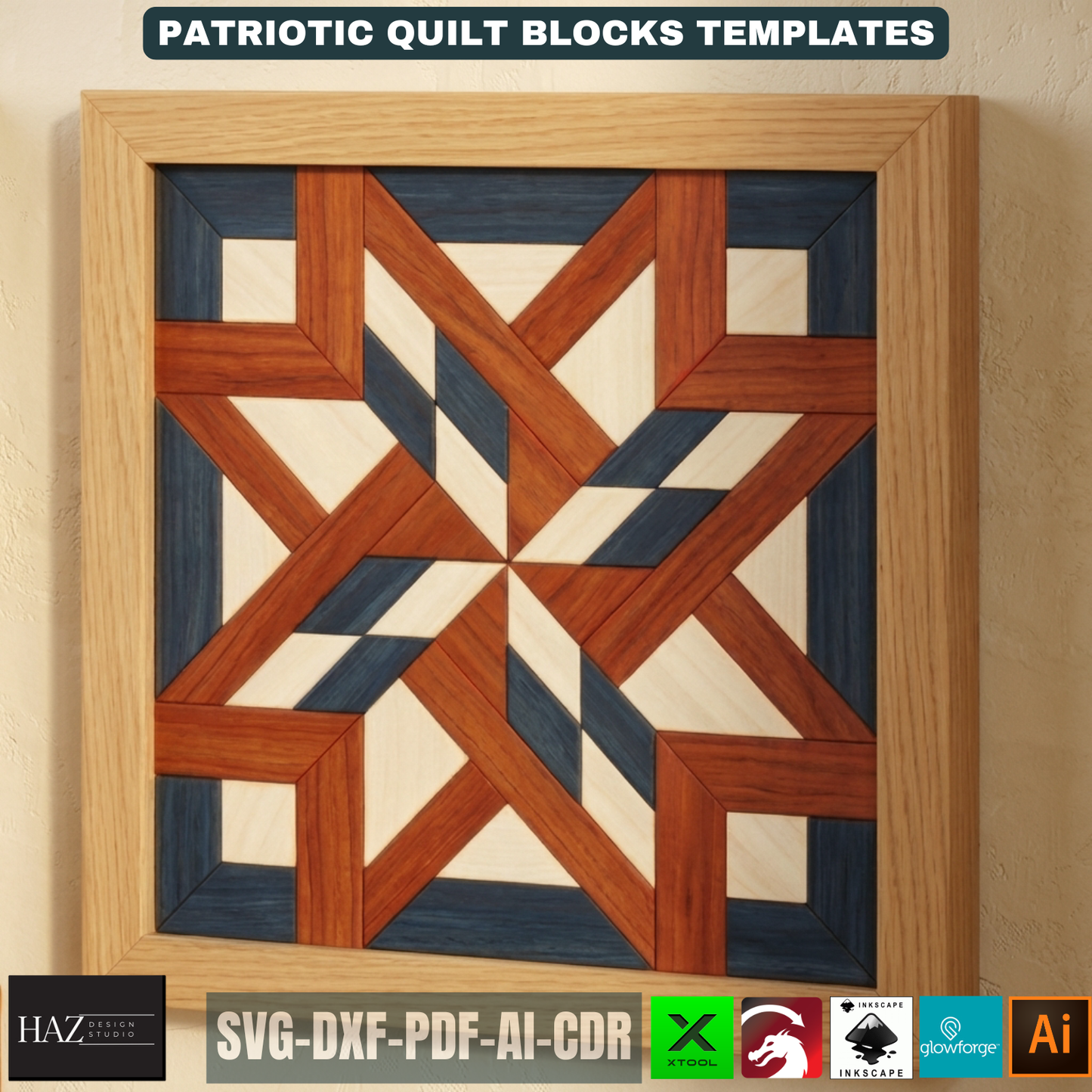 Patriotic Barn Quilt Block Pattern, Independence Day Wood Wall Art, American Flag Patchwork Frame 525
