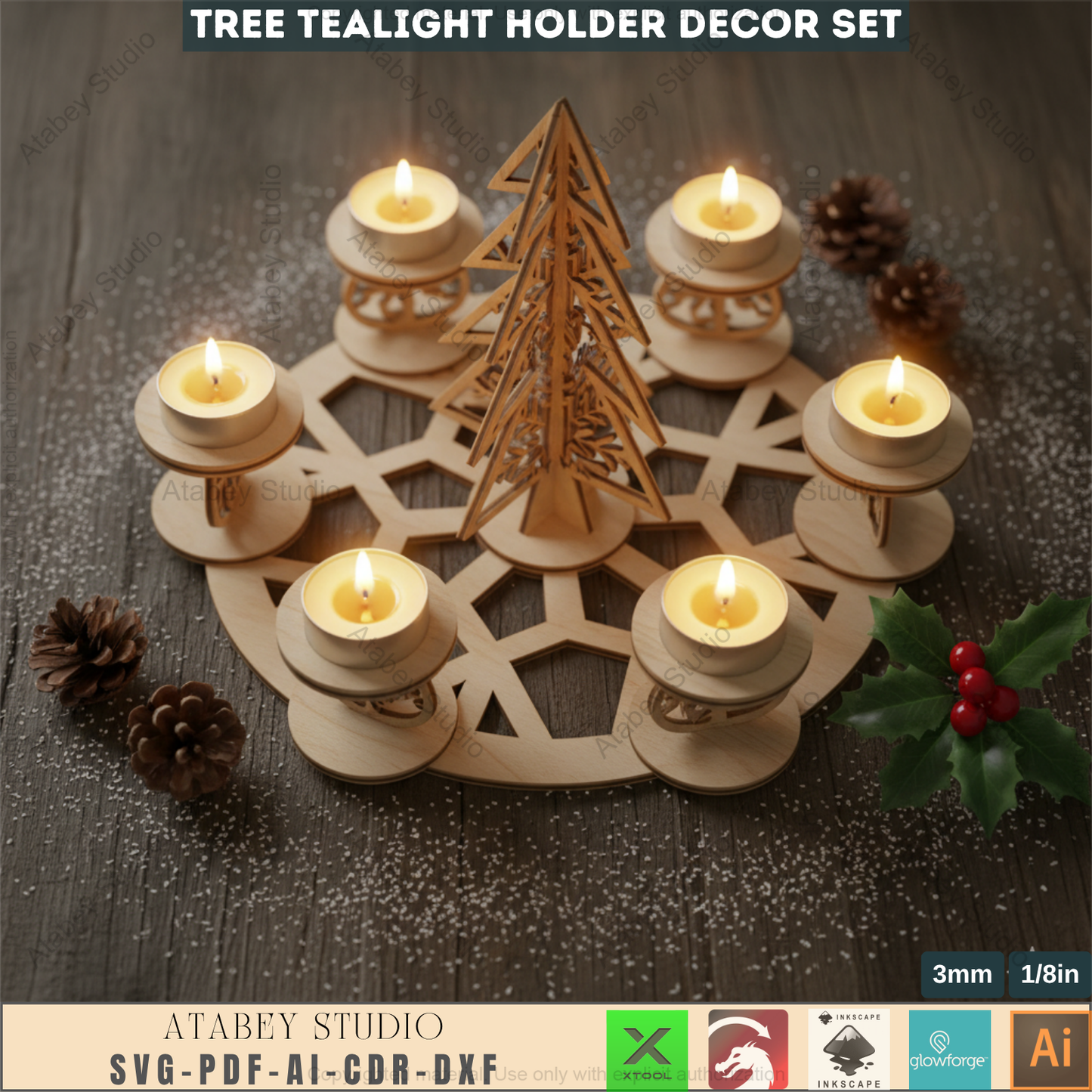Festive Tree Lantern, Holiday Tea Light, New Year Themed Laser Cut Digital Download, Laser File Christmas Candles Tealight Holder Trees File Candle holder Christmas SVG, Christmas Snowflake trees candles Advent wreath laser file tealight  968