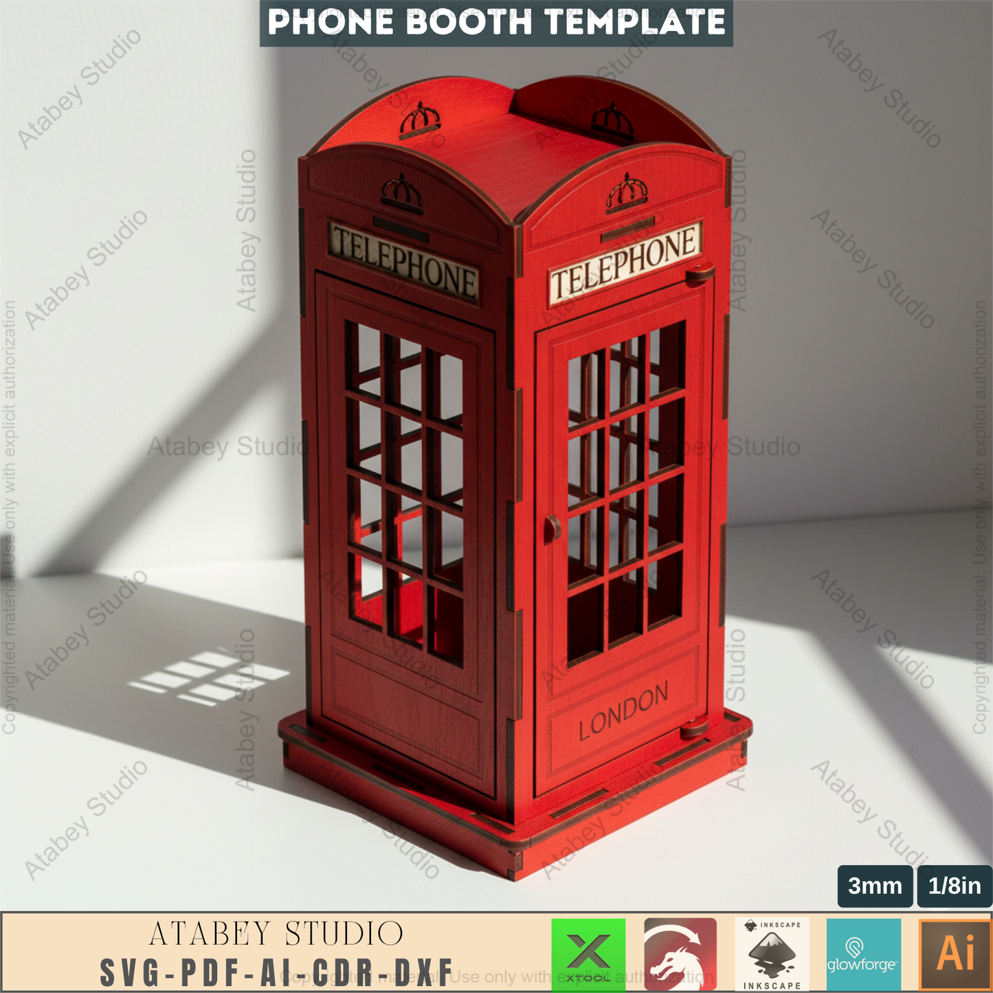 Classic British Phone Booth - Laser Cut Files, DIY Wooden Model Kit, Iconic London Telephone Box Plans 088