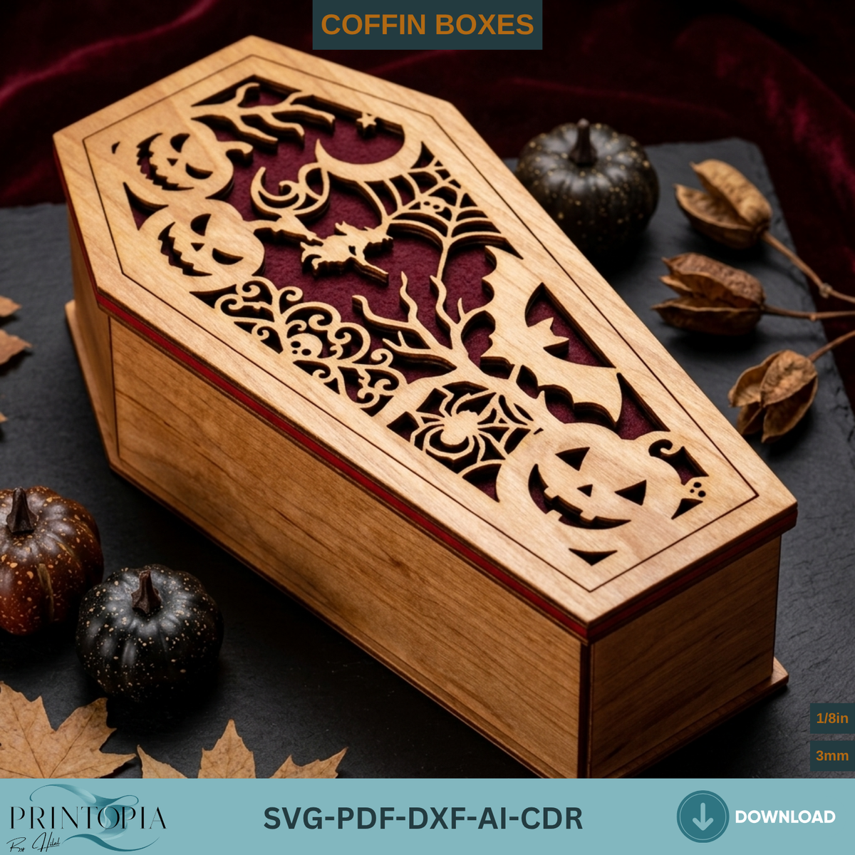 Halloween Coffin Box Laser Cut, Gothic Casket Keepsake Box Template, Wooden Spooky Gift Box
