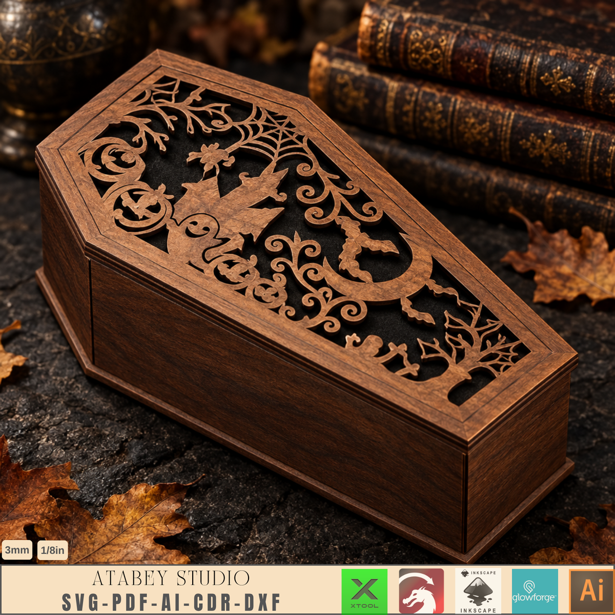 Halloween Coffin Box Laser Cut Bundle, Gothic Wooden Keepsake Casket, Trick or Treat Candy Box 1025