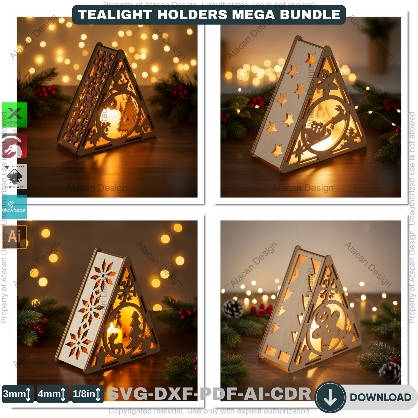 Christmas Pyramid Candle Holder Bundle Laser Cut Template Tealight Lantern Designs Winter Wood Decor Night Lights 919