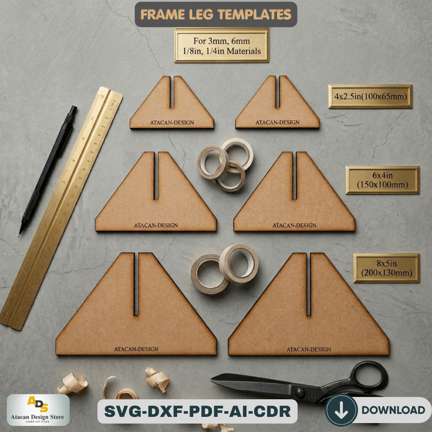 Triangle Legs for Stands / Leg for Frames / Glowforge Wood Laser cut files /  SVG DXF CDR Ai Pdf 384