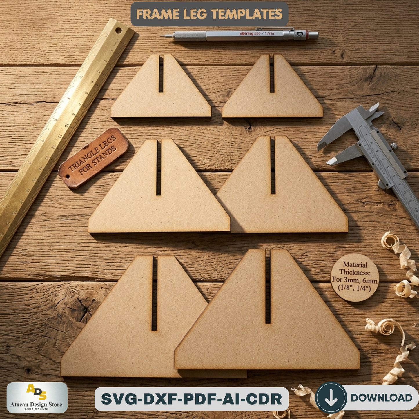 Triangle Legs for Stands / Leg for Frames / Glowforge Wood Laser cut files /  SVG DXF CDR Ai Pdf 384