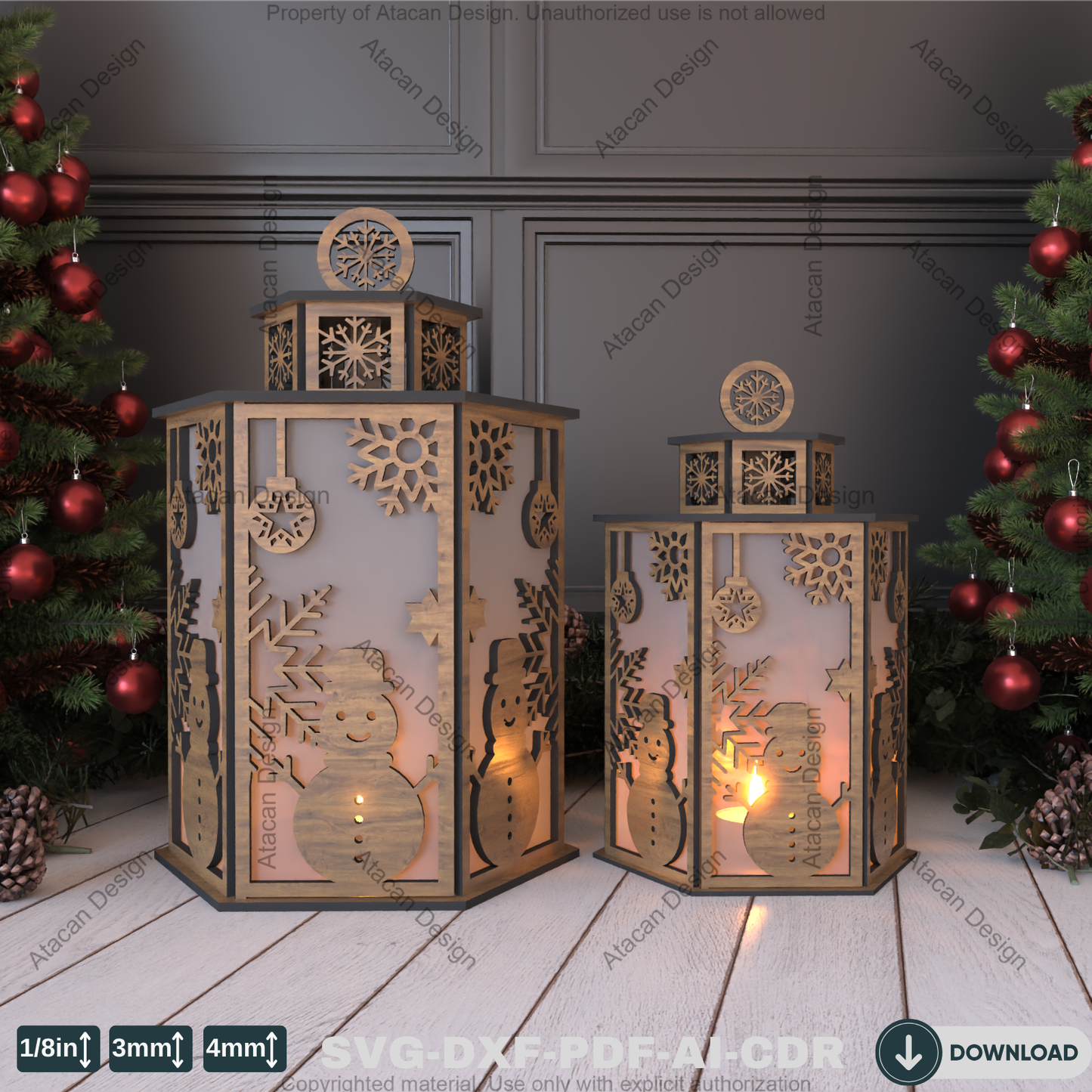 Christmas Night Light Pattern – DIY Laser Cut Candle Holder with Snowman & Tree Motifs 783