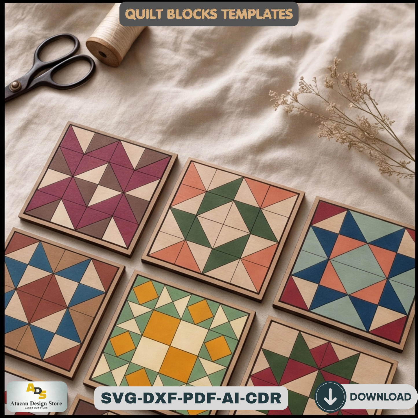 Barn Quilt Block Templates, Wooden Geometric Wall Art Pattern, Plywood Farmhouse Sign Making Plans,