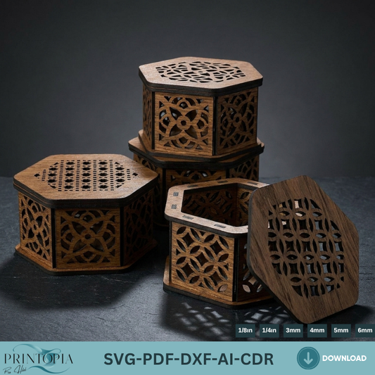 Hexagon Wooden Jewelry Box Laser Cut Files Decorative 3 Patterned Gift Box Template