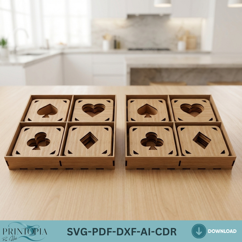 Laser Cut Coaster Bundle with Box for Glowforge xTool Geometric and Playing Card Suits Drink Coaster Designs