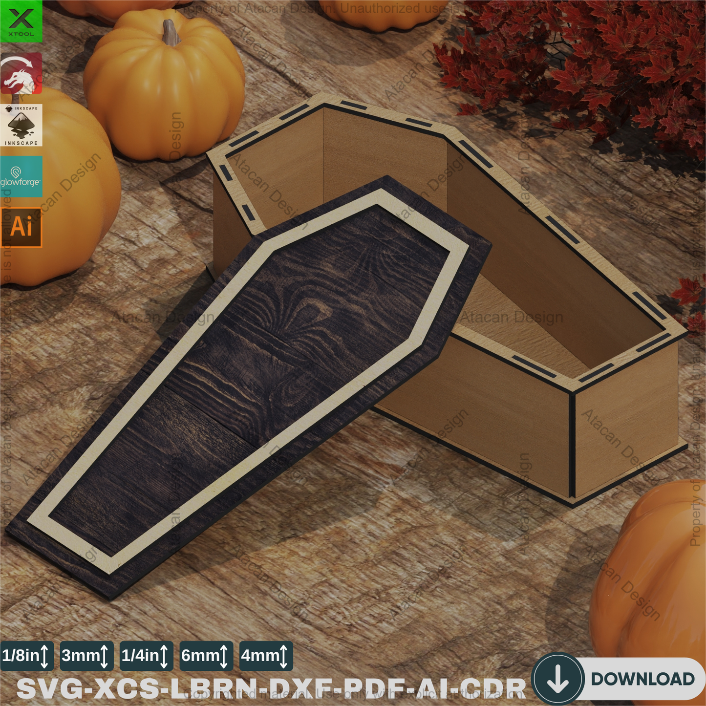 Spooky Halloween Coffin SVG | Laser Cut Templates for Gift Boxes,Laser Cut 3D Coffin Box Templates | DIY Halloween Treat Box SVG 843