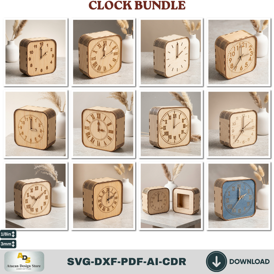 Wooden Living Room Desk Clock Bundle Laser Cut Template, Plywood Tabletop Clock DIY Pattern Cut