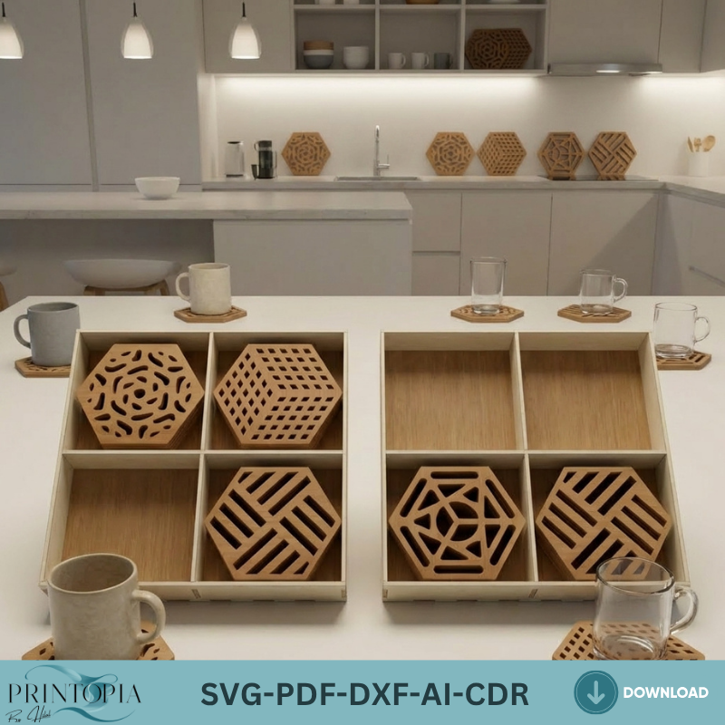 Laser Cut Coaster Bundle with Box for Glowforge xTool Geometric and Playing Card Suits Drink Coaster Designs