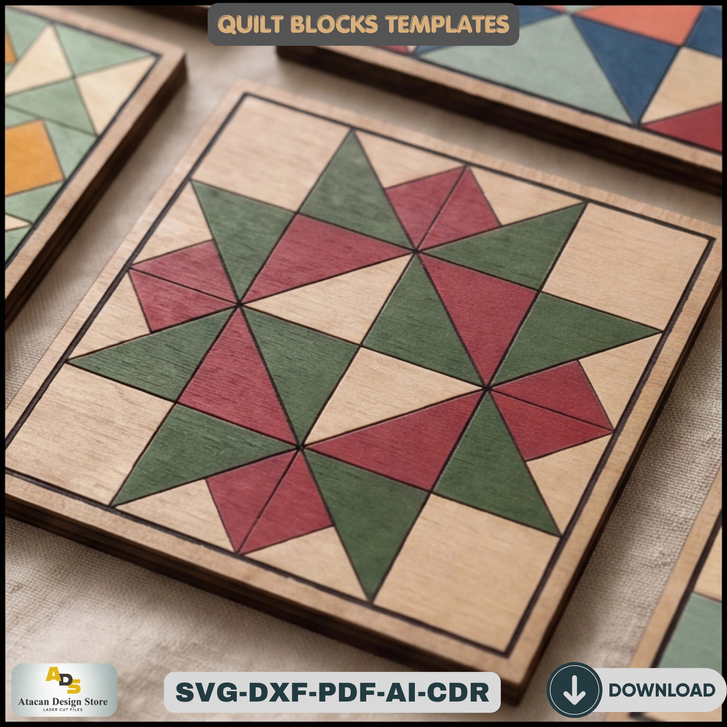 Barn Quilt Block Templates, Wooden Geometric Wall Art Pattern, Plywood Farmhouse Sign Making Plans,