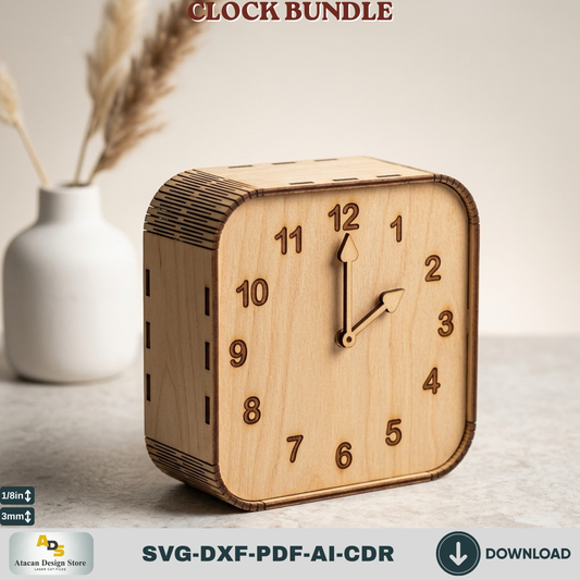 Wooden Living Room Desk Clock Bundle Laser Cut Template, Plywood Tabletop Clock DIY Pattern Cut
