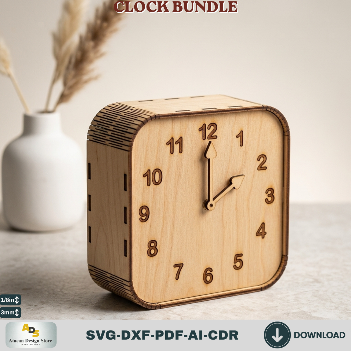 Wooden Living Room Desk Clock Bundle Laser Cut Template, Plywood Tabletop Clock DIY Pattern Cut