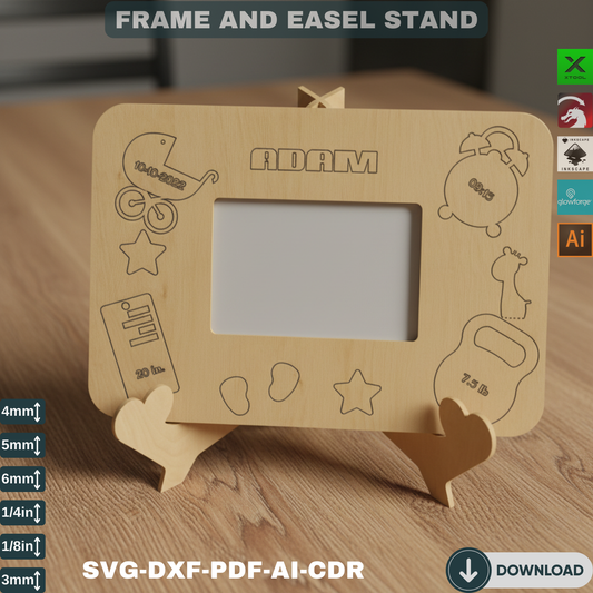 Photo frame and Easel Stand / Child metrica / Baby Announcement  / Birth Details Laser cut files SVG236