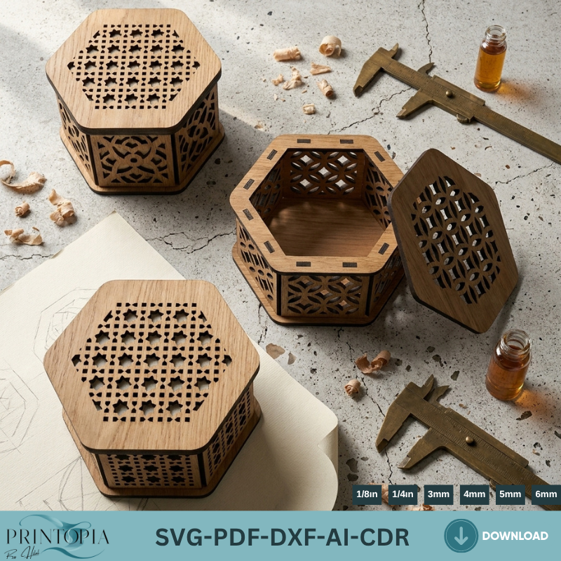 Hexagon Wooden Jewelry Box Laser Cut Files Decorative 3 Patterned Gift Box Template