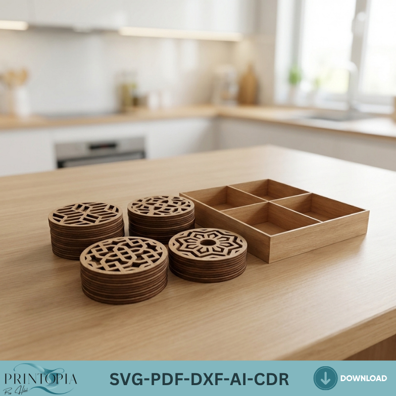 Laser Cut Coaster Bundle with Box for Glowforge xTool Geometric and Playing Card Suits Drink Coaster Designs