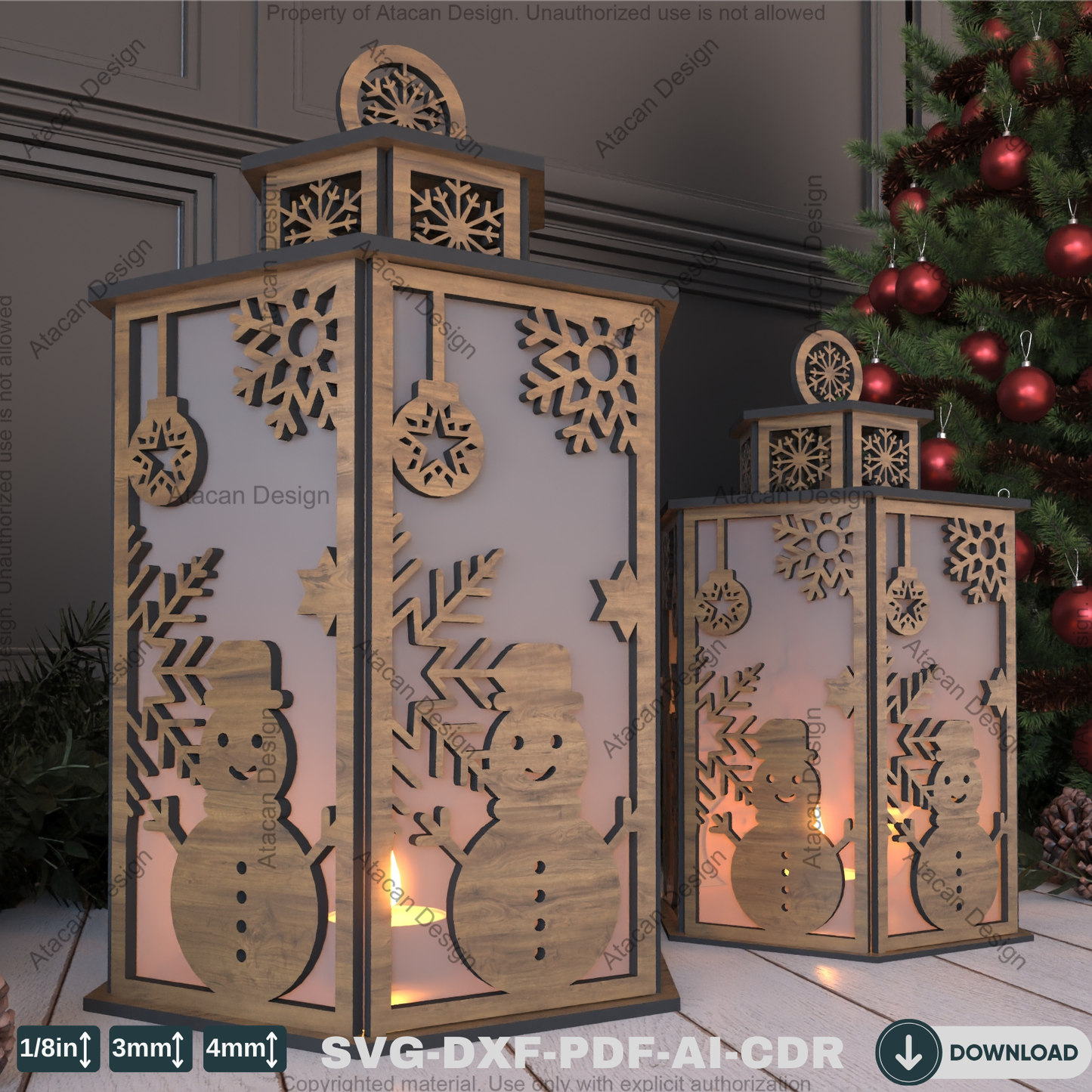 Christmas Night Light Pattern – DIY Laser Cut Candle Holder with Snowman & Tree Motifs 783