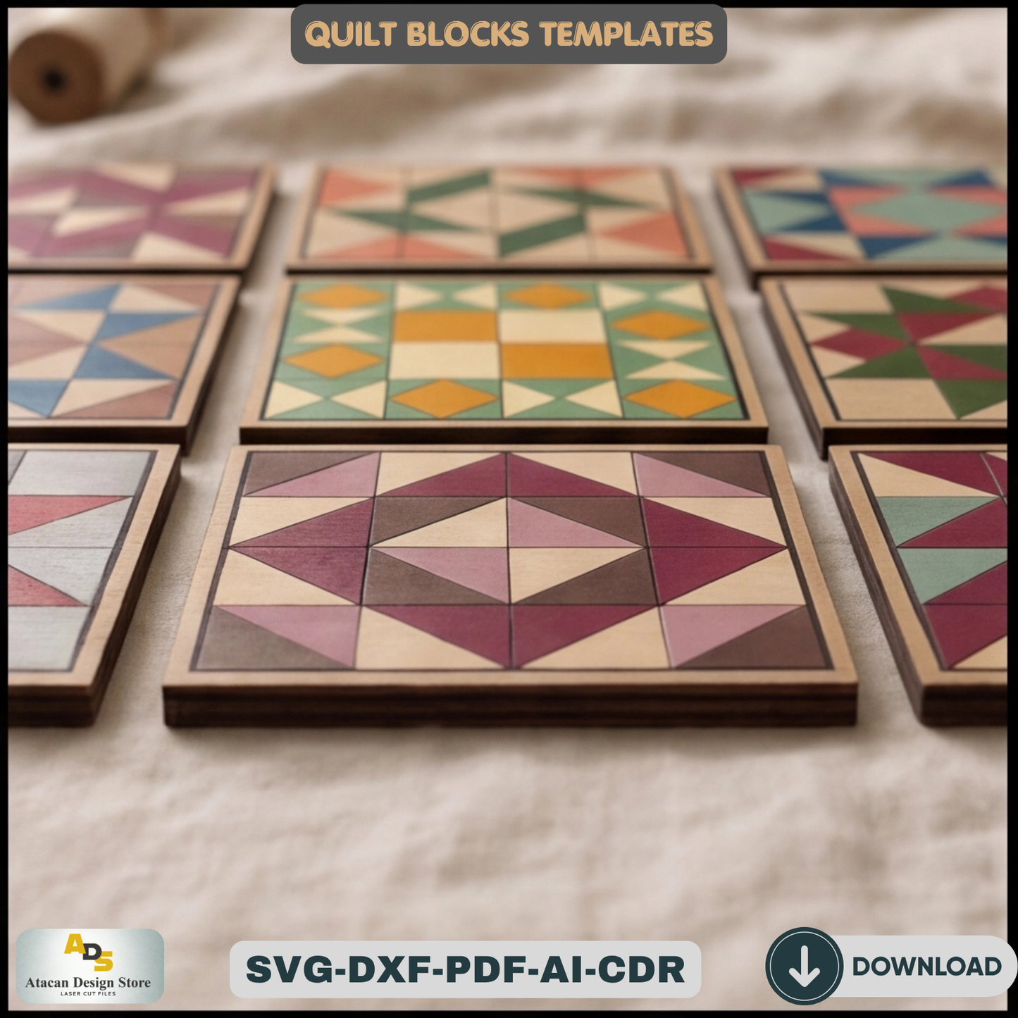 Barn Quilt Block Templates, Wooden Geometric Wall Art Pattern, Plywood Farmhouse Sign Making Plans,
