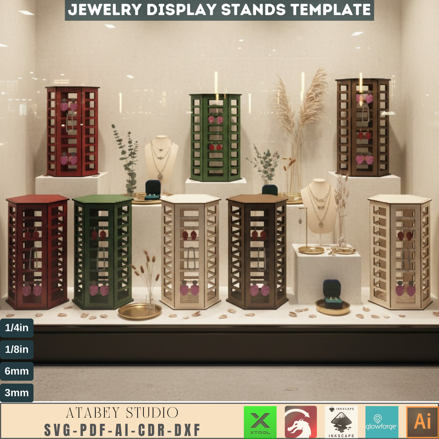 Laser Cut Jewelry Display Stand SVG, Earring Holder DXF, Necklace Organizer AI, Glowforge Ready Wooden Retail Display Template 738