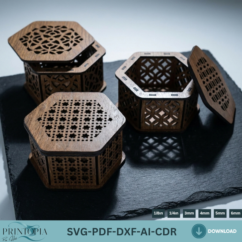 Hexagon Wooden Jewelry Box Laser Cut Files Decorative 3 Patterned Gift Box Template