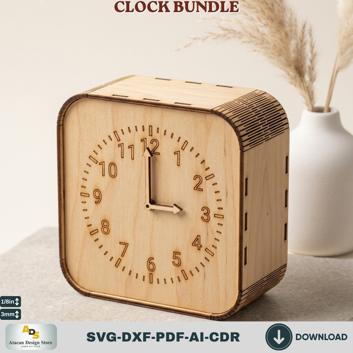 Wooden Living Room Desk Clock Bundle Laser Cut Template, Plywood Tabletop Clock DIY Pattern Cut