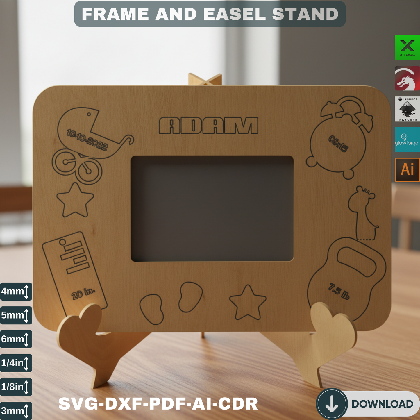 Photo frame and Easel Stand / Child metrica / Baby Announcement  / Birth Details Laser cut files SVG236