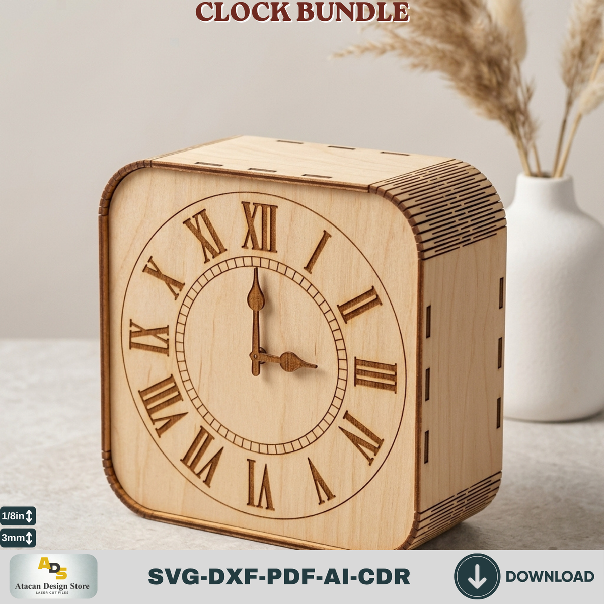 Wooden Living Room Desk Clock Bundle Laser Cut Template, Plywood Tabletop Clock DIY Pattern Cut
