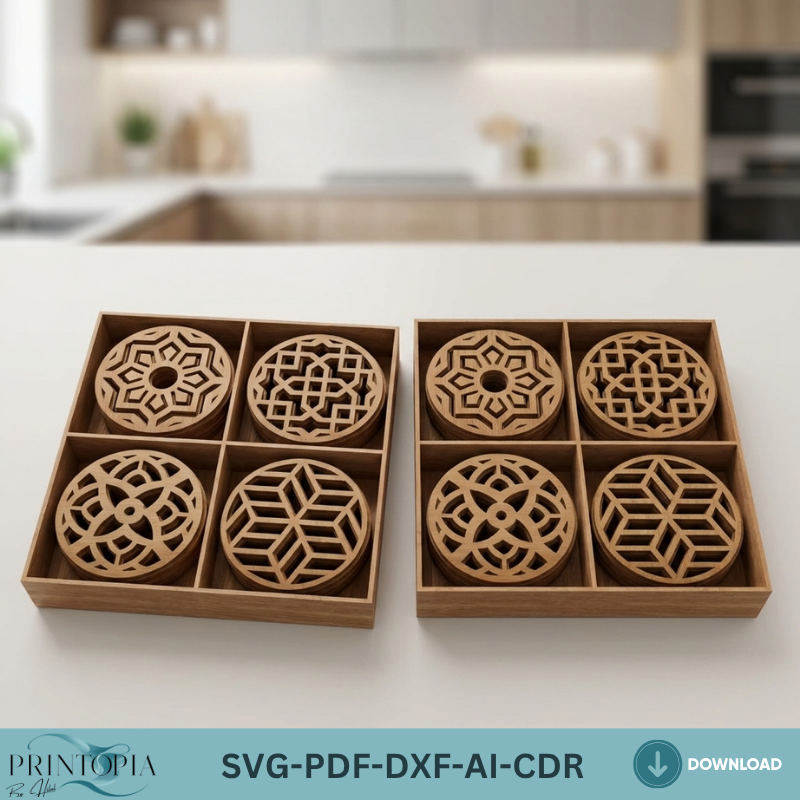 Laser Cut Coaster Bundle with Box for Glowforge xTool Geometric and Playing Card Suits Drink Coaster Designs