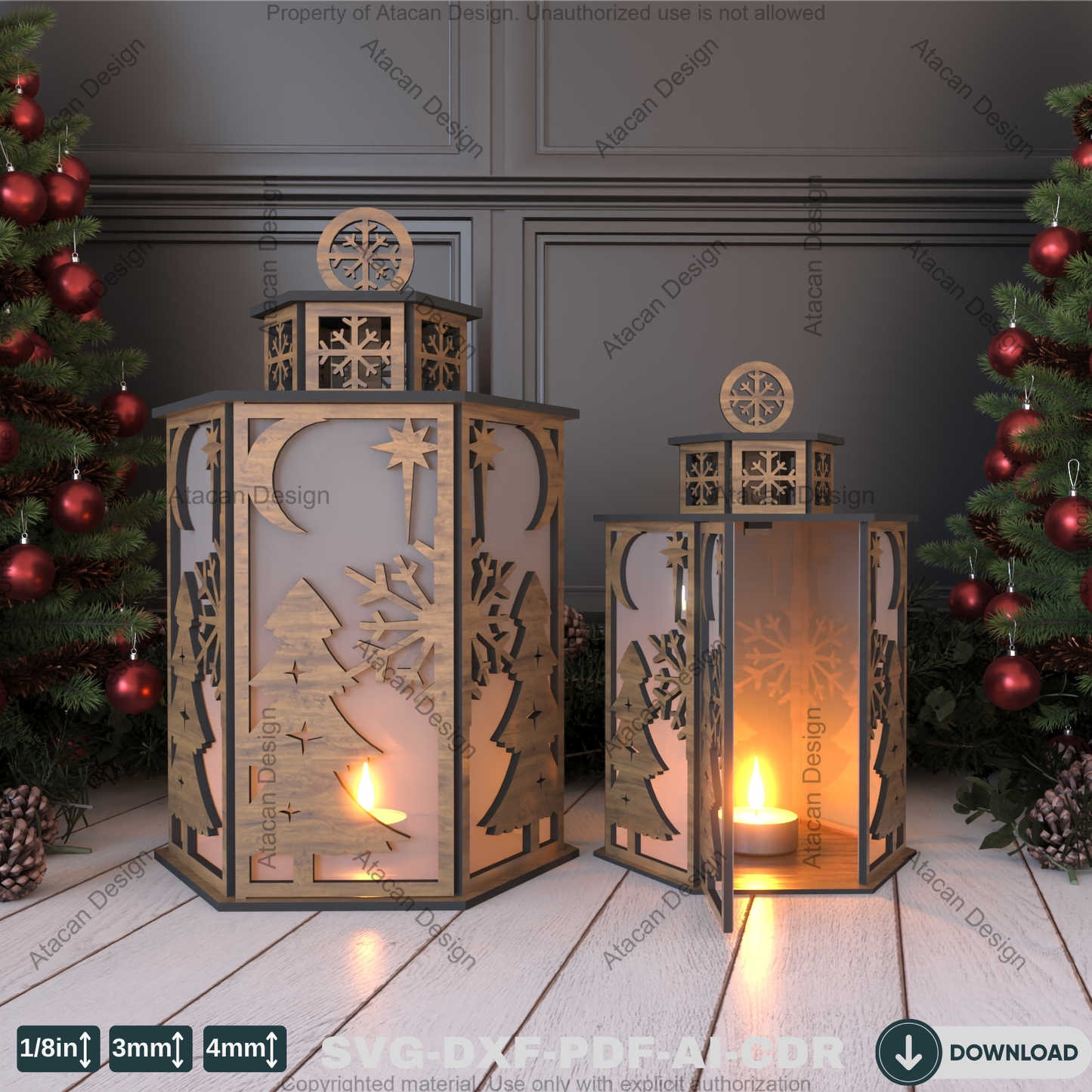 Christmas Night Light Pattern – DIY Laser Cut Candle Holder with Snowman & Tree Motifs 783