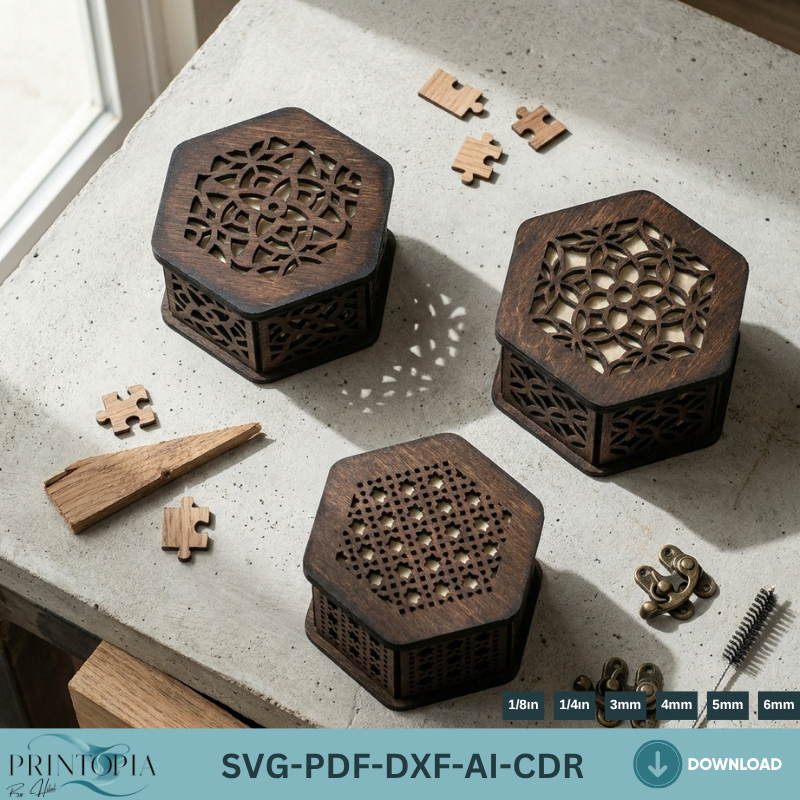 Hexagon Wooden Jewelry Box Laser Cut Files Decorative 3 Patterned Gift Box Template