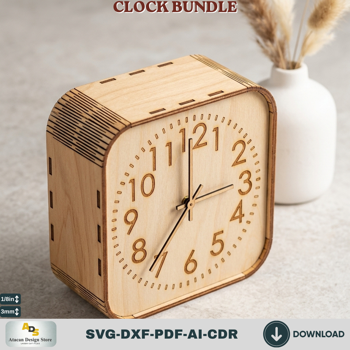 Wooden Living Room Desk Clock Bundle Laser Cut Template, Plywood Tabletop Clock DIY Pattern Cut