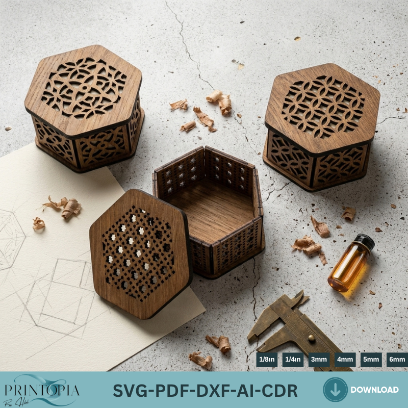 Hexagon Wooden Jewelry Box Laser Cut Files Decorative 3 Patterned Gift Box Template