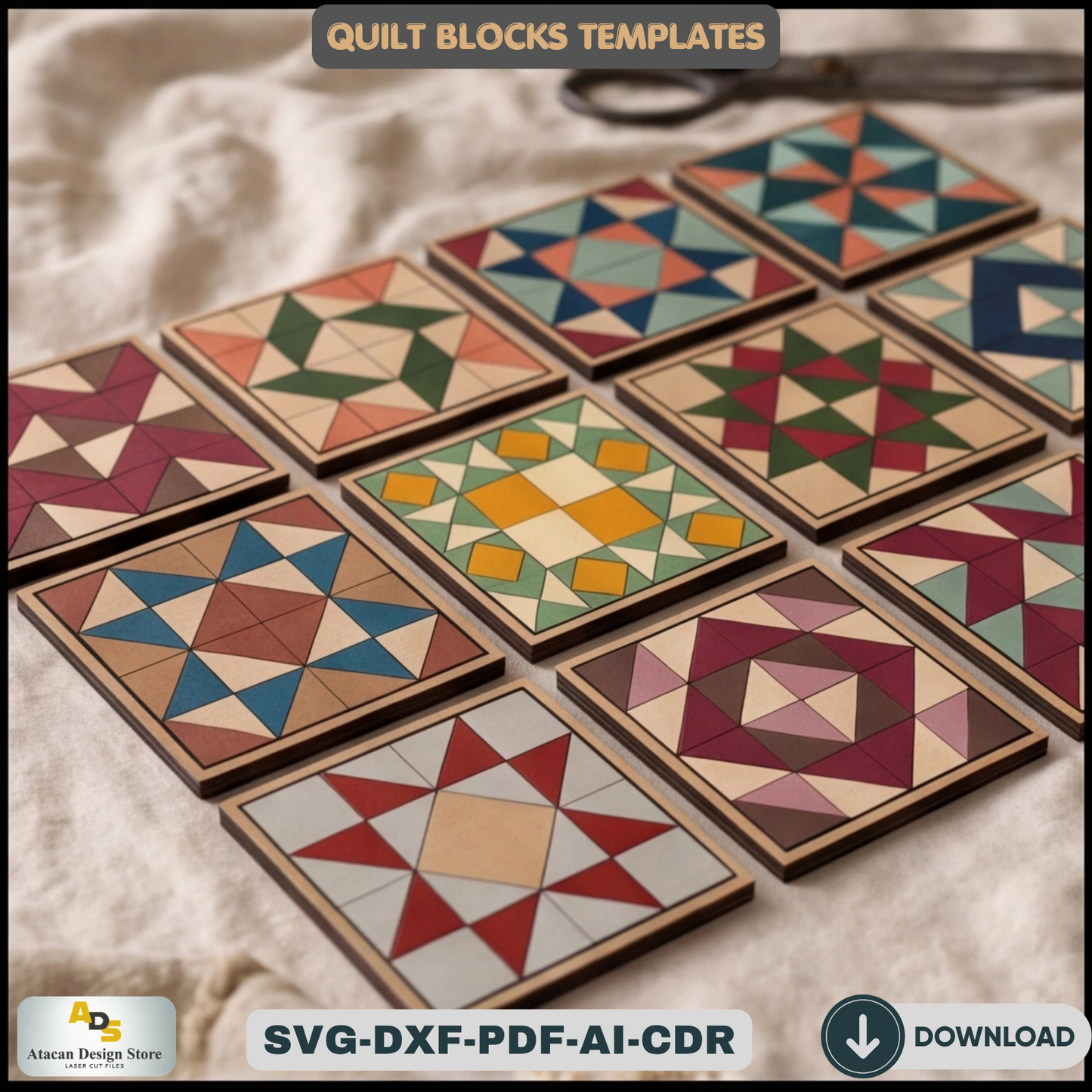 Barn Quilt Block Templates, Wooden Geometric Wall Art Pattern, Plywood Farmhouse Sign Making Plans,
