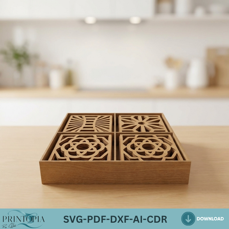 Laser Cut Coaster Bundle with Box for Glowforge xTool Geometric and Playing Card Suits Drink Coaster Designs