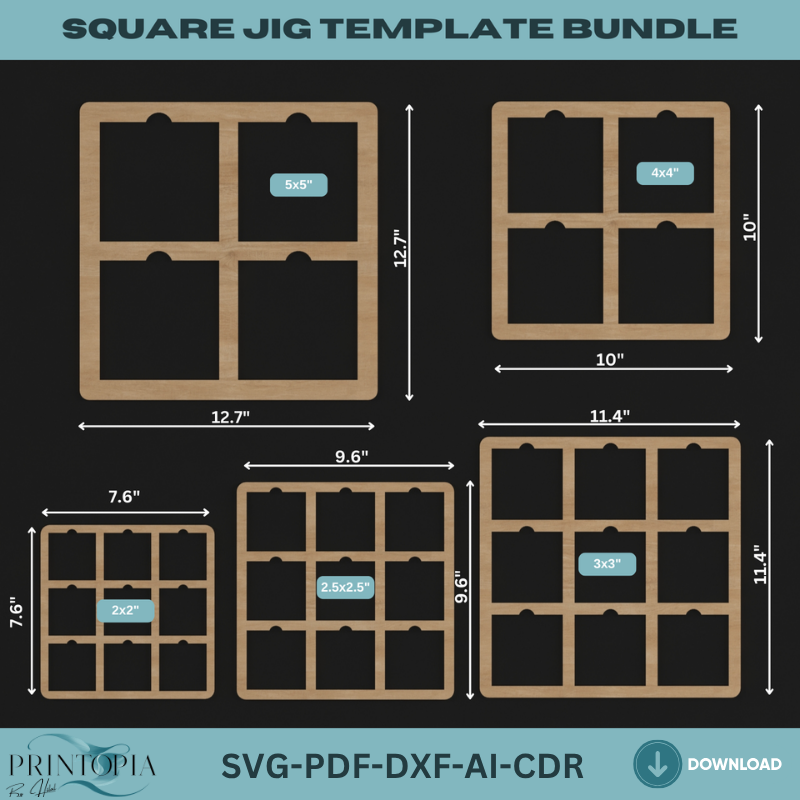 Square Jig Template Bundle for Laser Cutting - Multiple Sizes Jigs for Wood Engraving 152