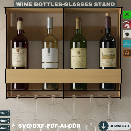 Wall Mounted Wine Rack with Glass Holder, Modern Wood Wine Shelf SVG DXF Laser Cut Files for Home Decor