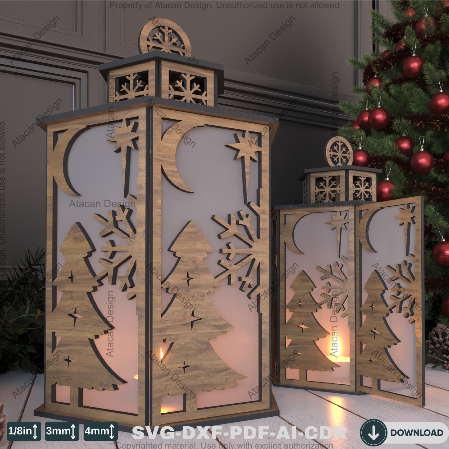 Christmas Night Light Pattern – DIY Laser Cut Candle Holder with Snowman & Tree Motifs 783