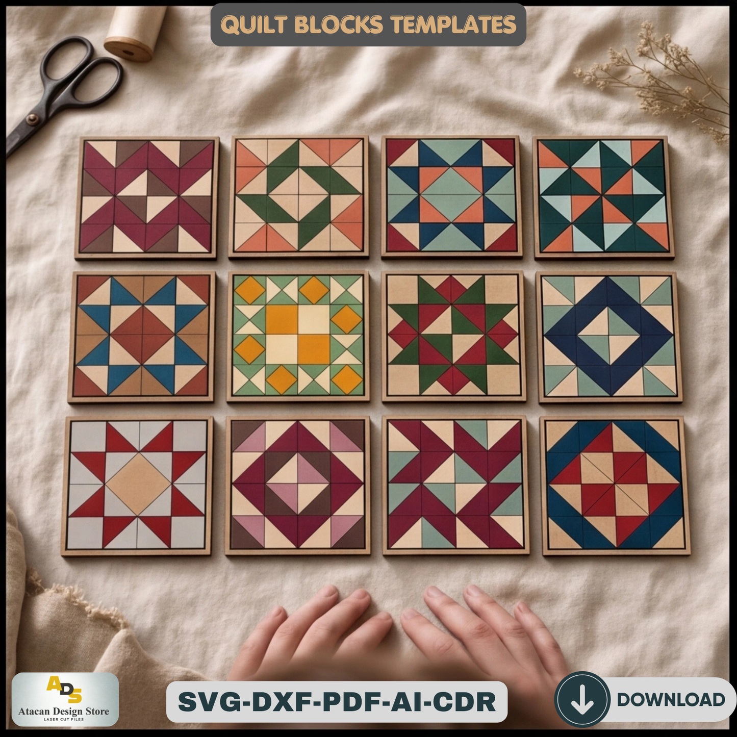 Barn Quilt Block Templates, Wooden Geometric Wall Art Pattern, Plywood Farmhouse Sign Making Plans,
