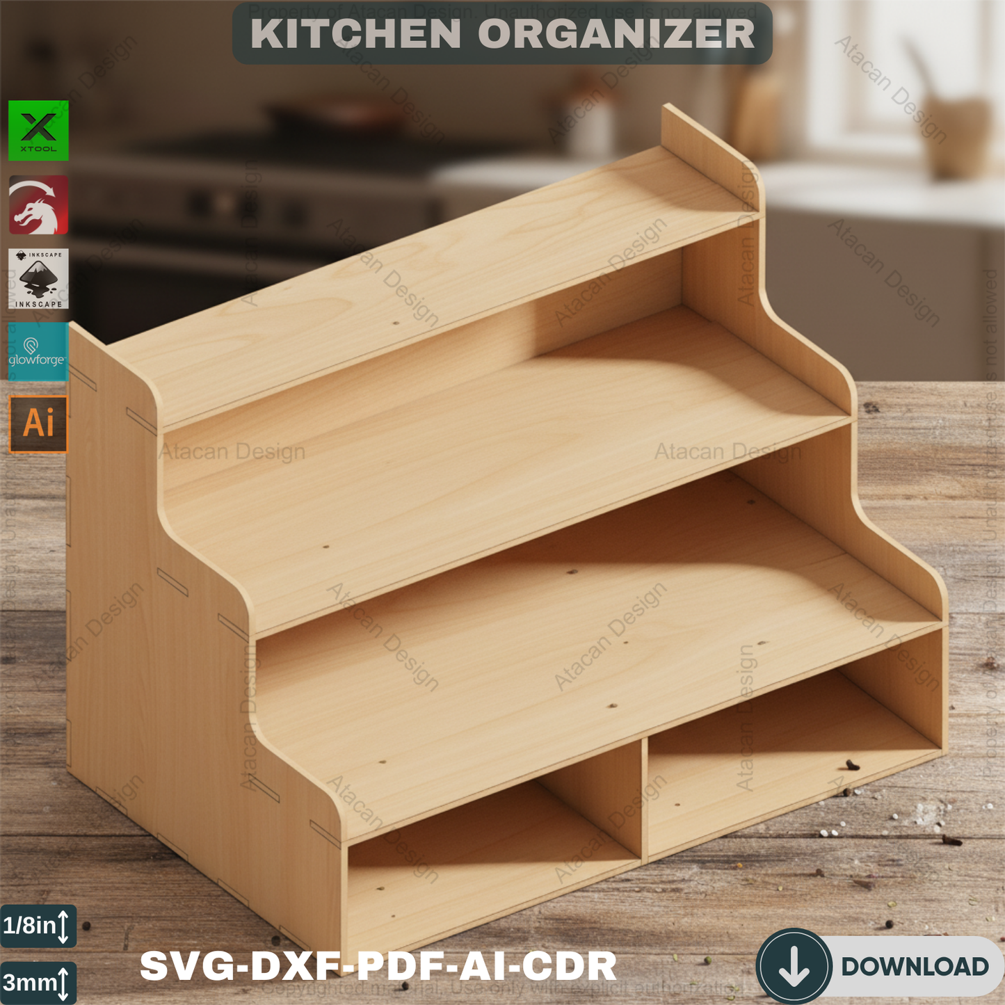 Elegant Wooden Spice Rack - Laser Cut DIY Display Stand 525
