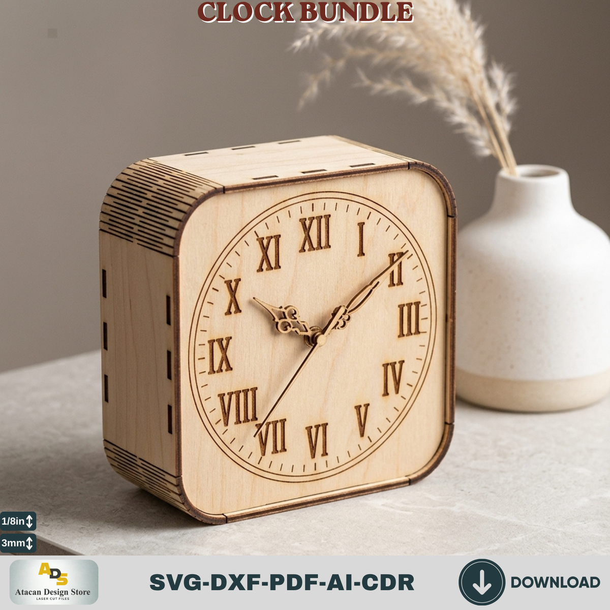Wooden Living Room Desk Clock Bundle Laser Cut Template, Plywood Tabletop Clock DIY Pattern Cut